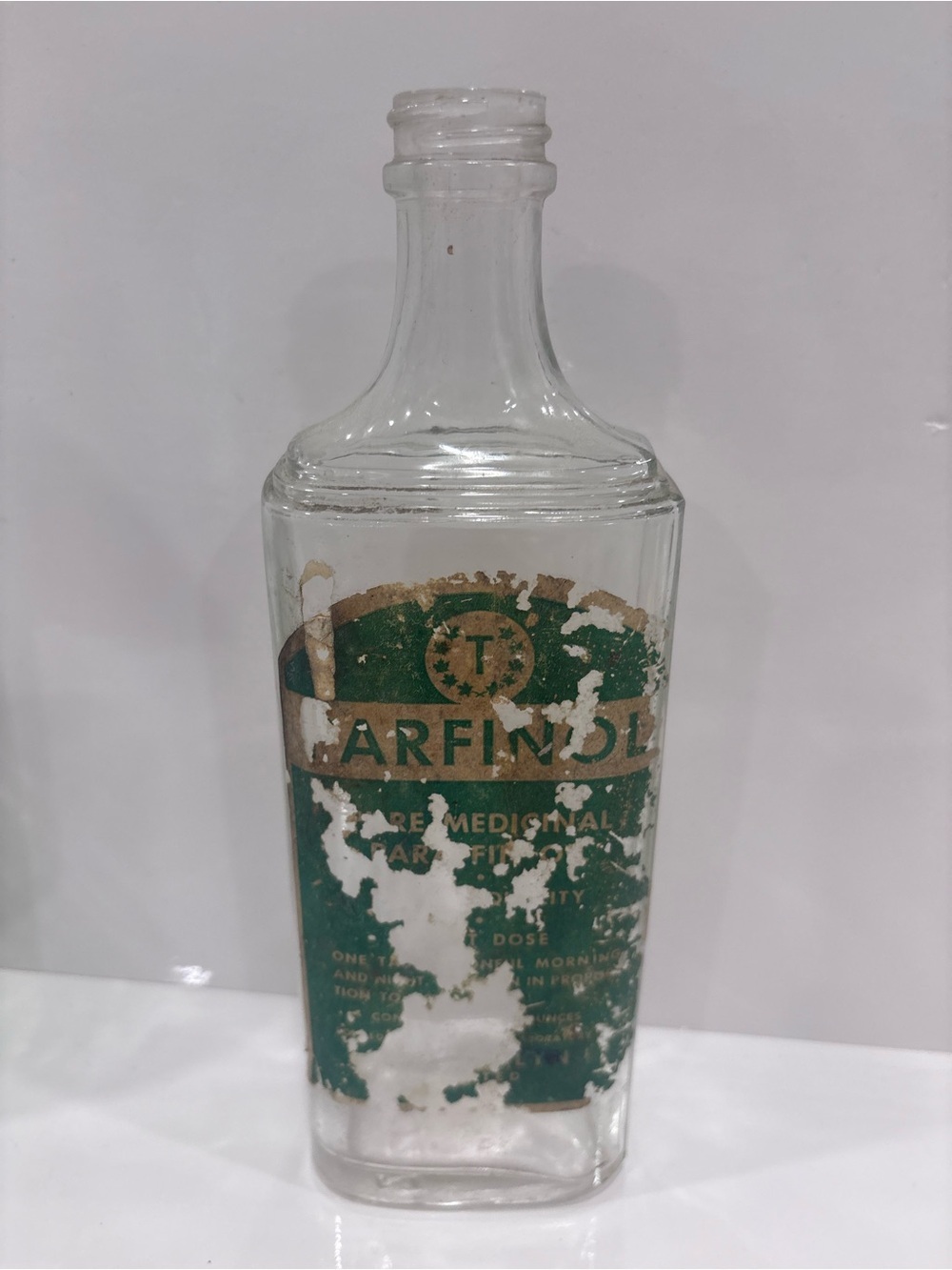 Vintage Tarfinol Medicinal Paraffin Pharmacy Glass Bottle with Original Label